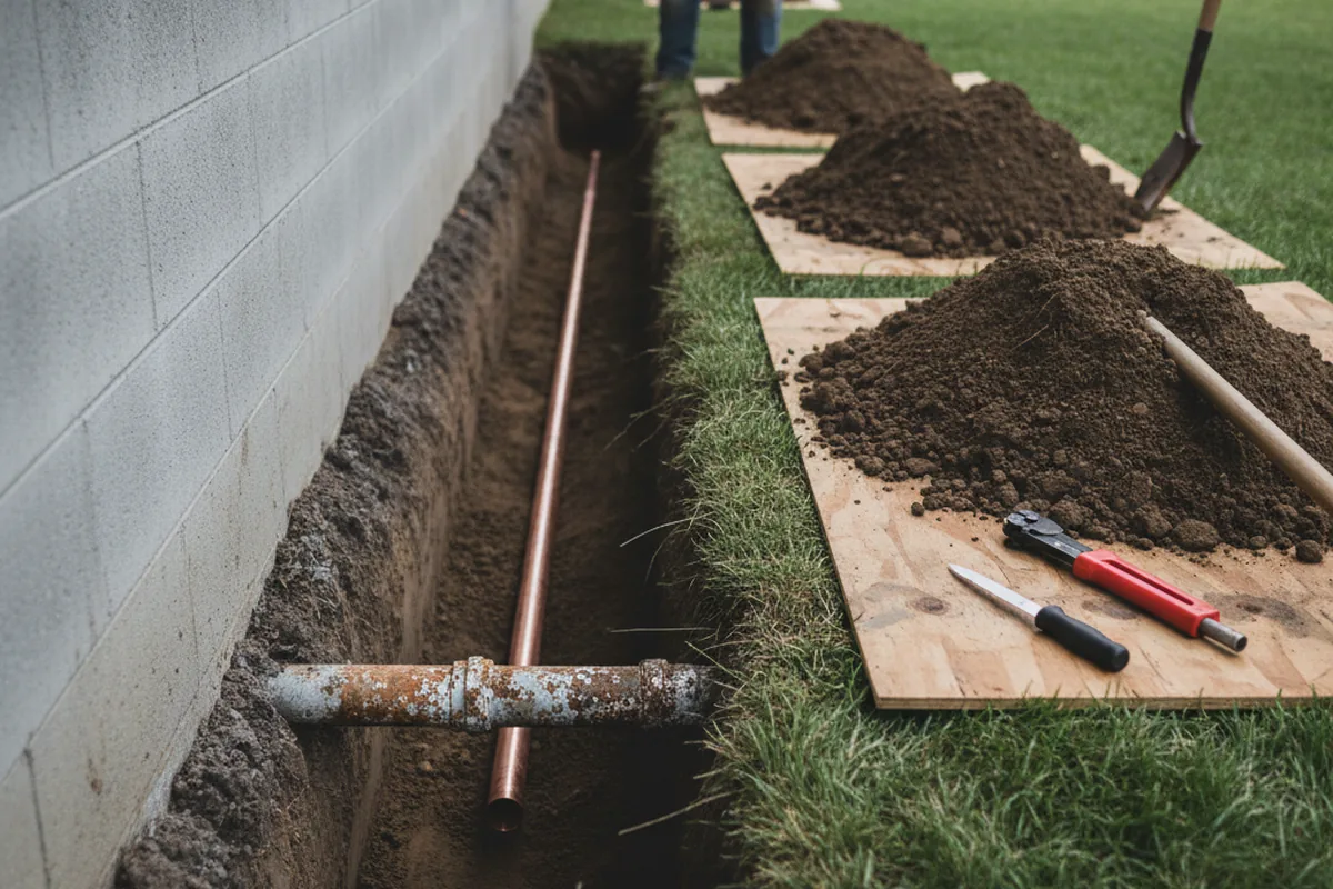 Excavated water line trench during Water Softener Installation in Bailey Island
